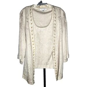 St. John Collection 2Pc Twinset size M/L Cream Luster Cardigan & Top Sweater Set